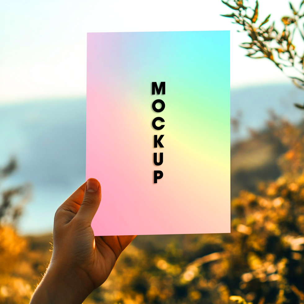 Pastel Gradient Mockup Hand Holding Paper Design Template Nature Background psd