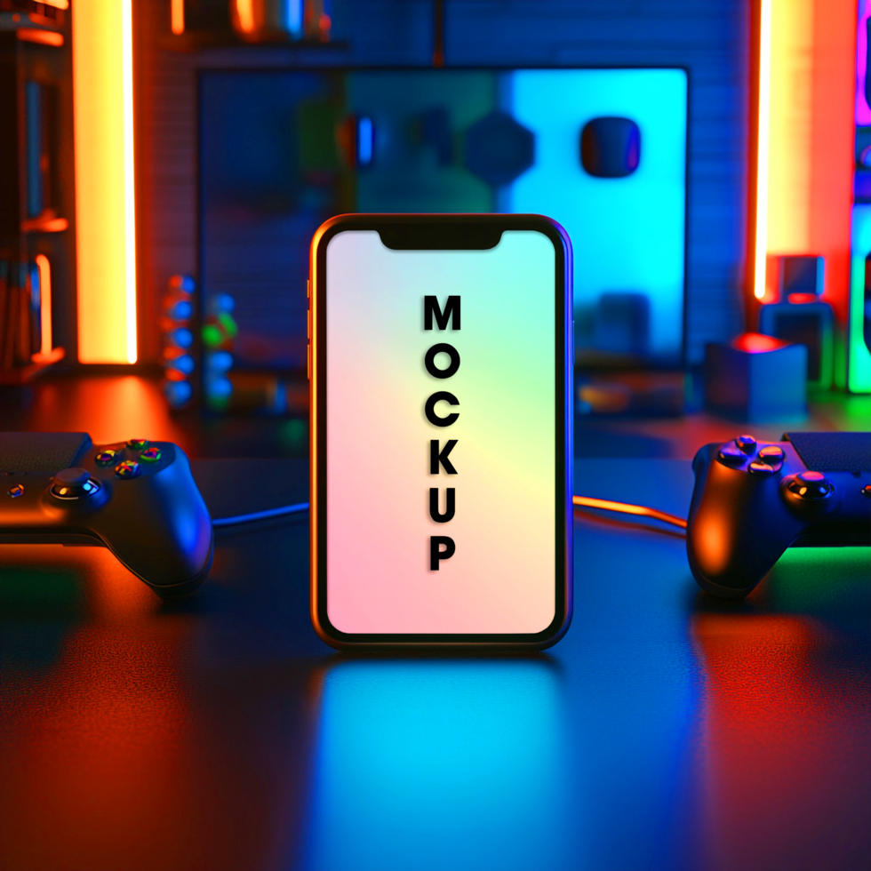 Mobile Gaming Mockup Smartphone with Controllers and Neon Lights psd