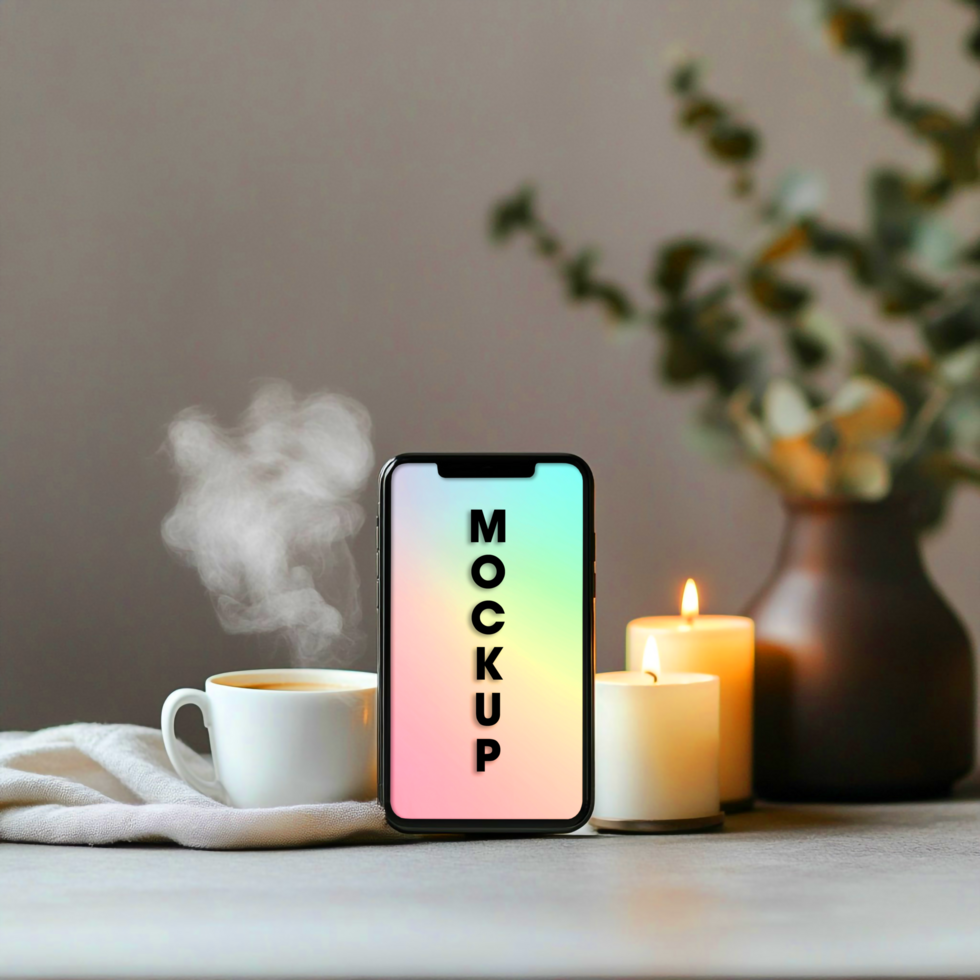 Cozy Coffee and Candles Smartphone Mockup Scene psd