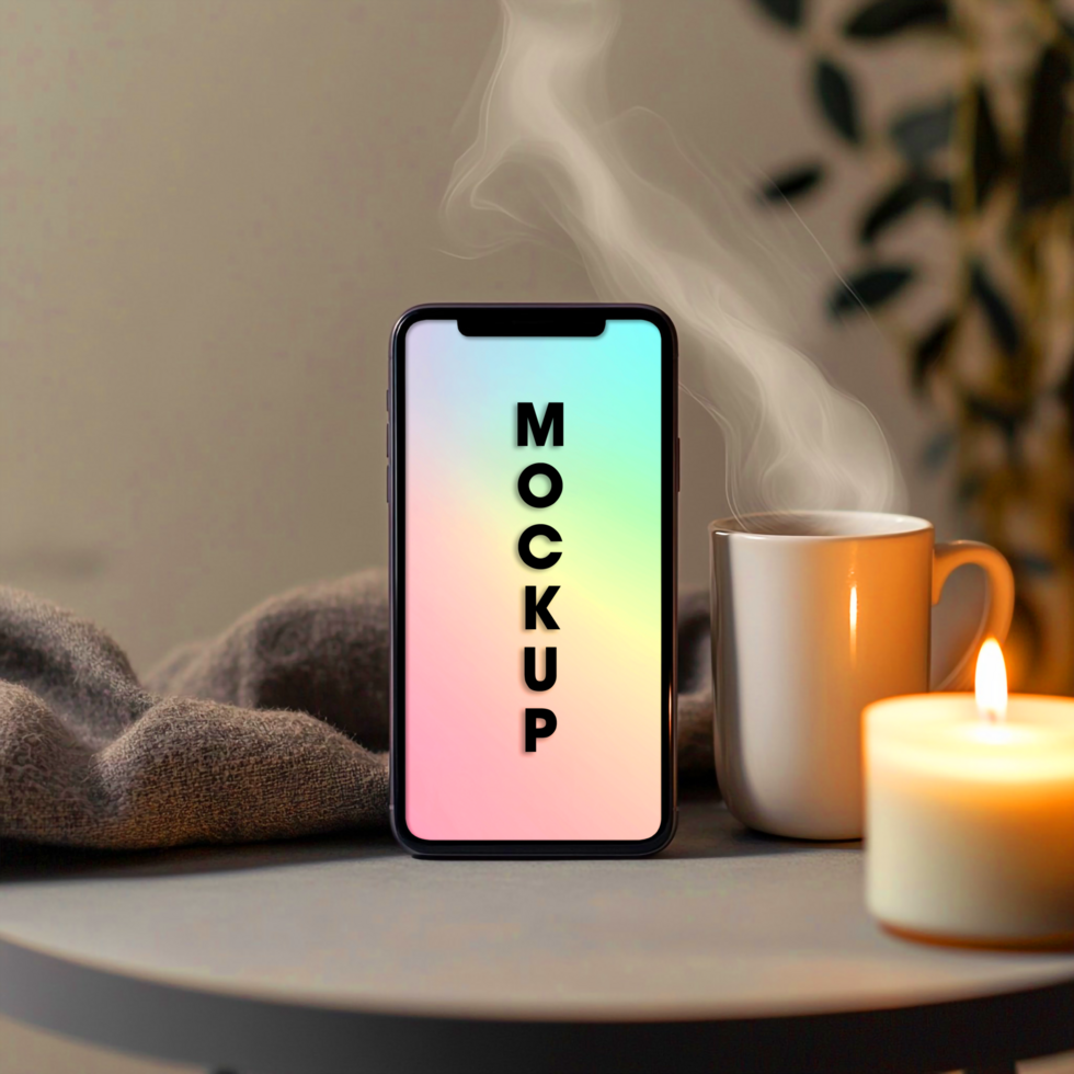 Cozy Phone Mockup Warm Drink Candlelight and Knit Blanket psd