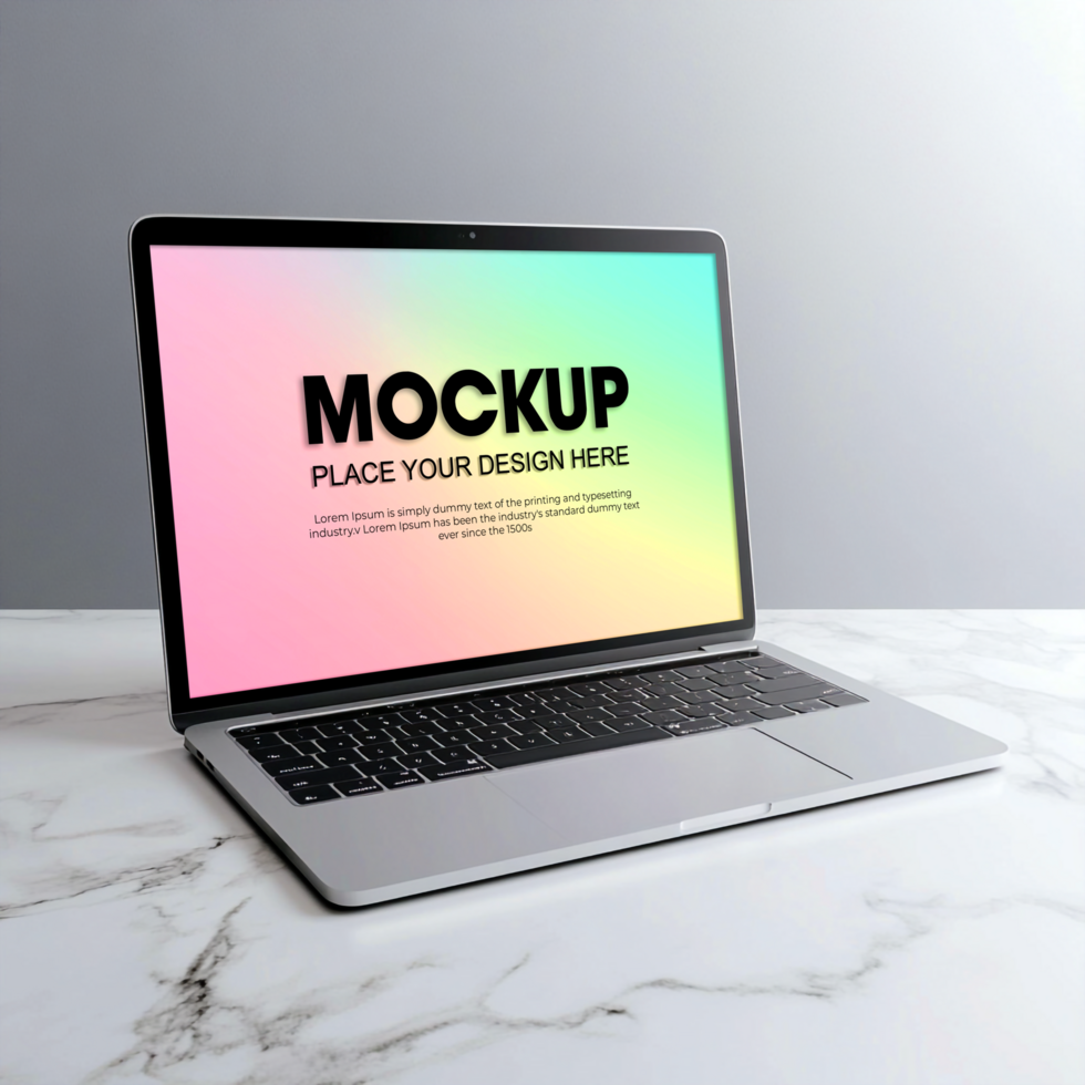 Laptop Mockup Modern Device on Marble Desk, Rainbow Gradient Screen psd