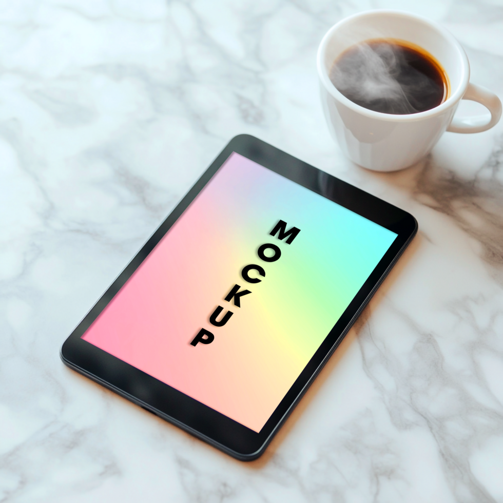 Tablet Mockup Pastel Rainbow Background Coffee psd