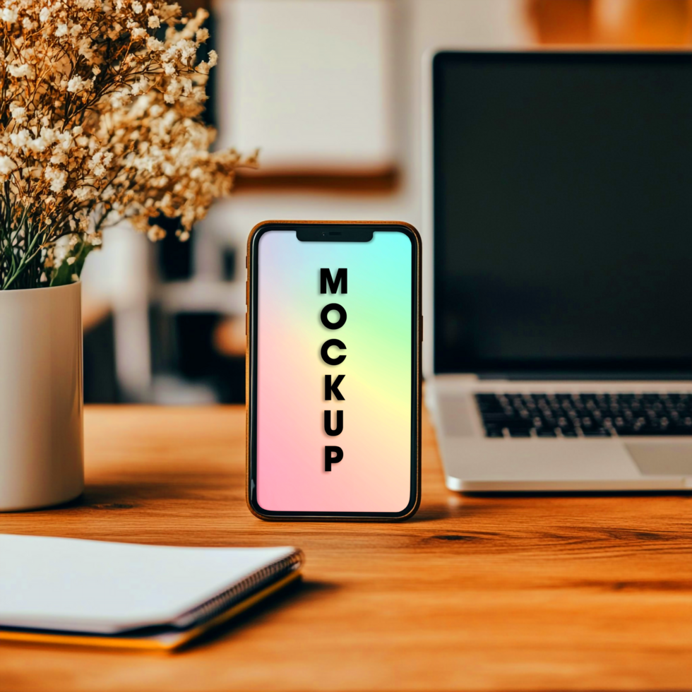 Phone Mockup Modern Workspace Design with Laptop and Notebook psd