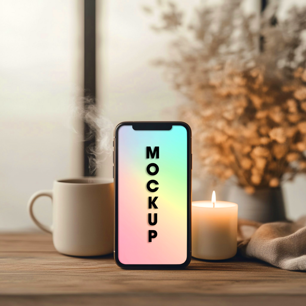 Phone Mockup Cozy Autumn Scene with Coffee Candle and Dried Flowers psd