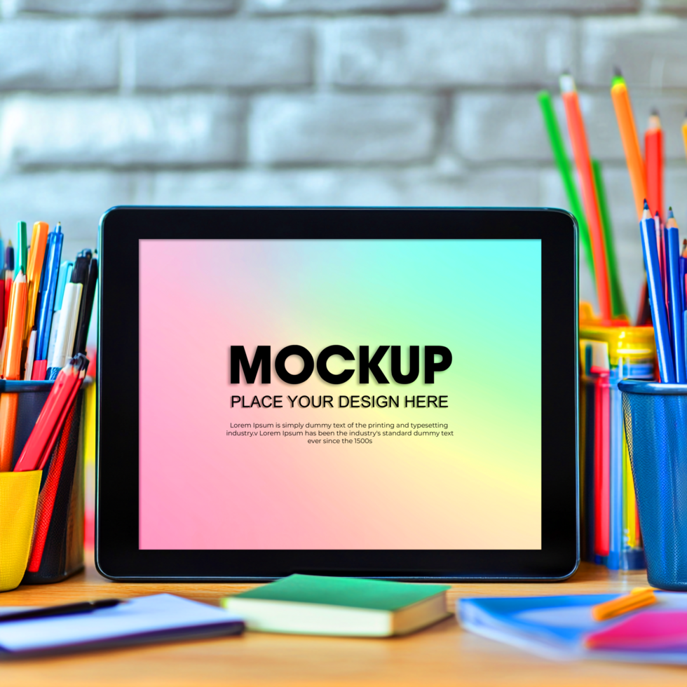 Tablet Mockup Colorful School Supplies on Wooden Desk psd