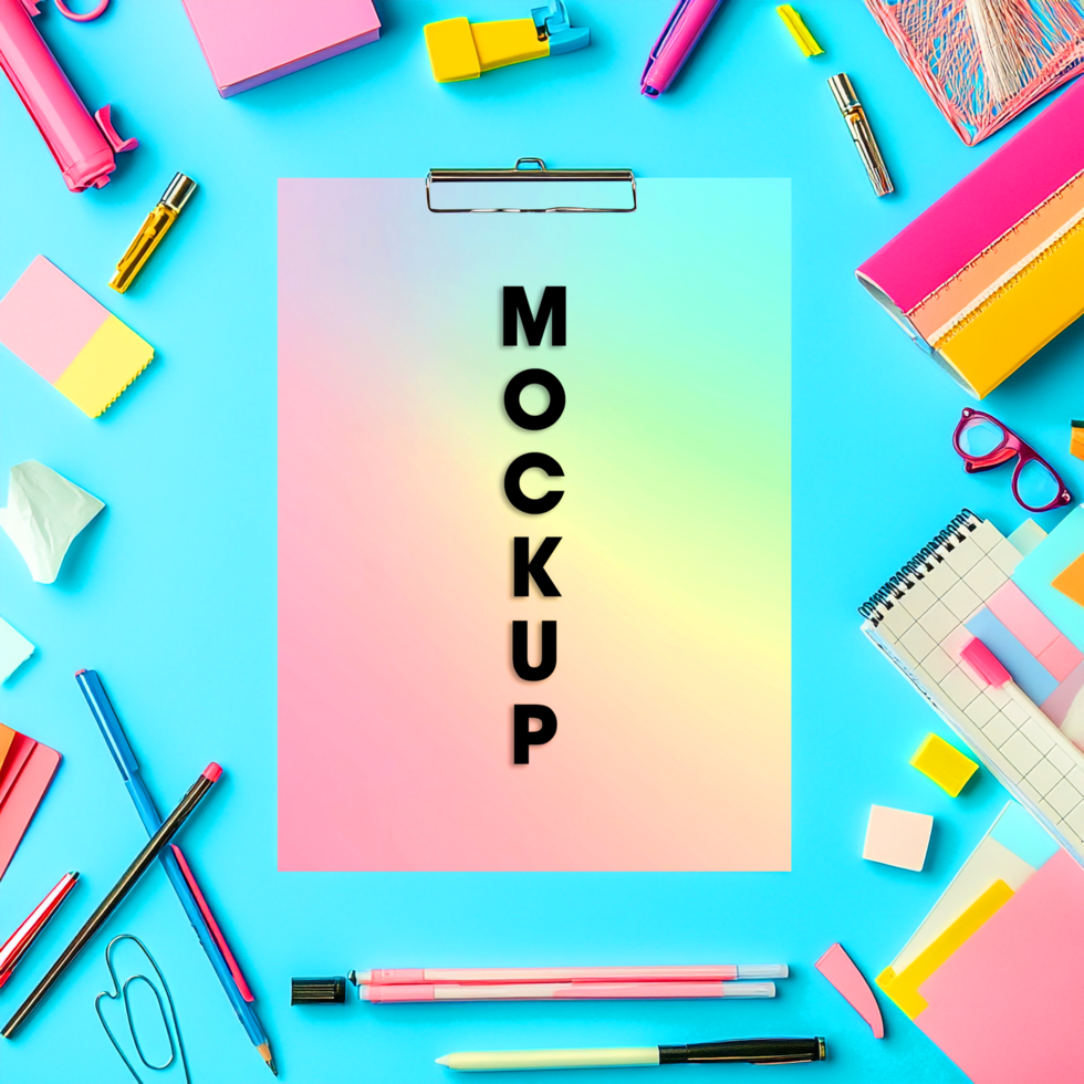 Pastel Rainbow Clipboard Mockup Stationery Flat Lay Background psd