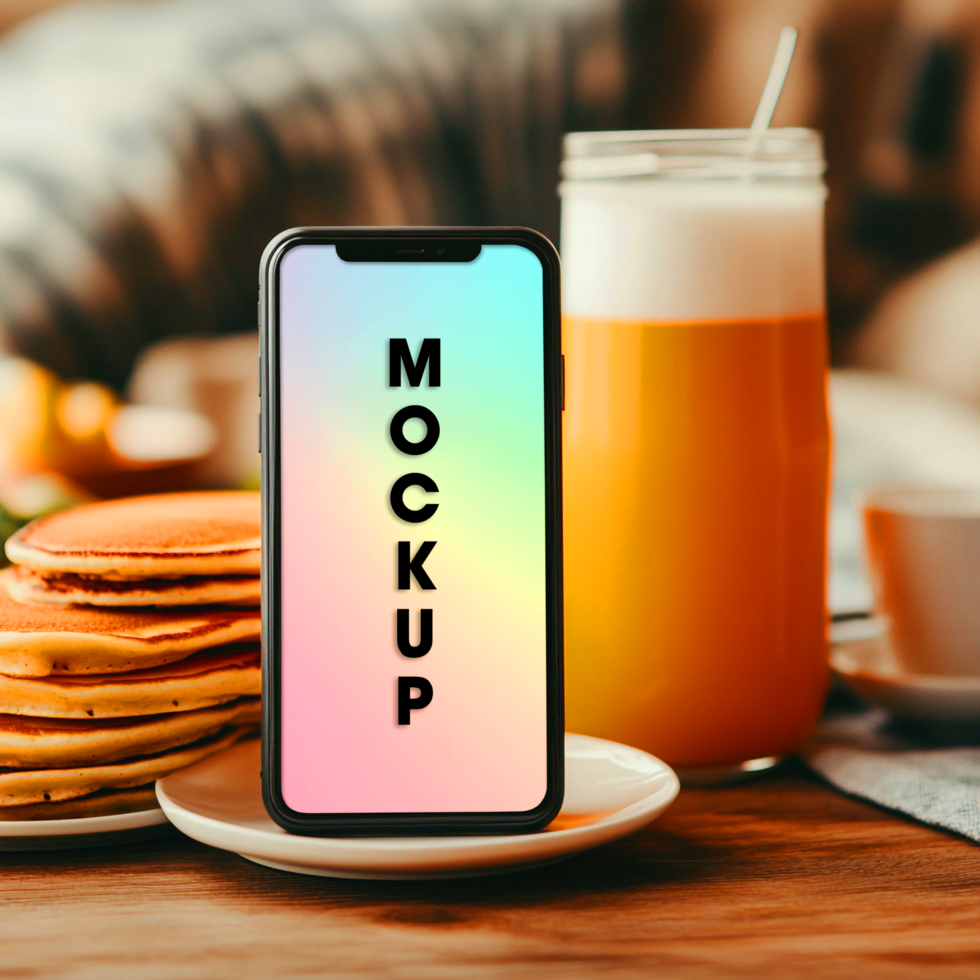 Smartphone Mockup Pancakes Orange Juice and Breakfast Table Scene psd