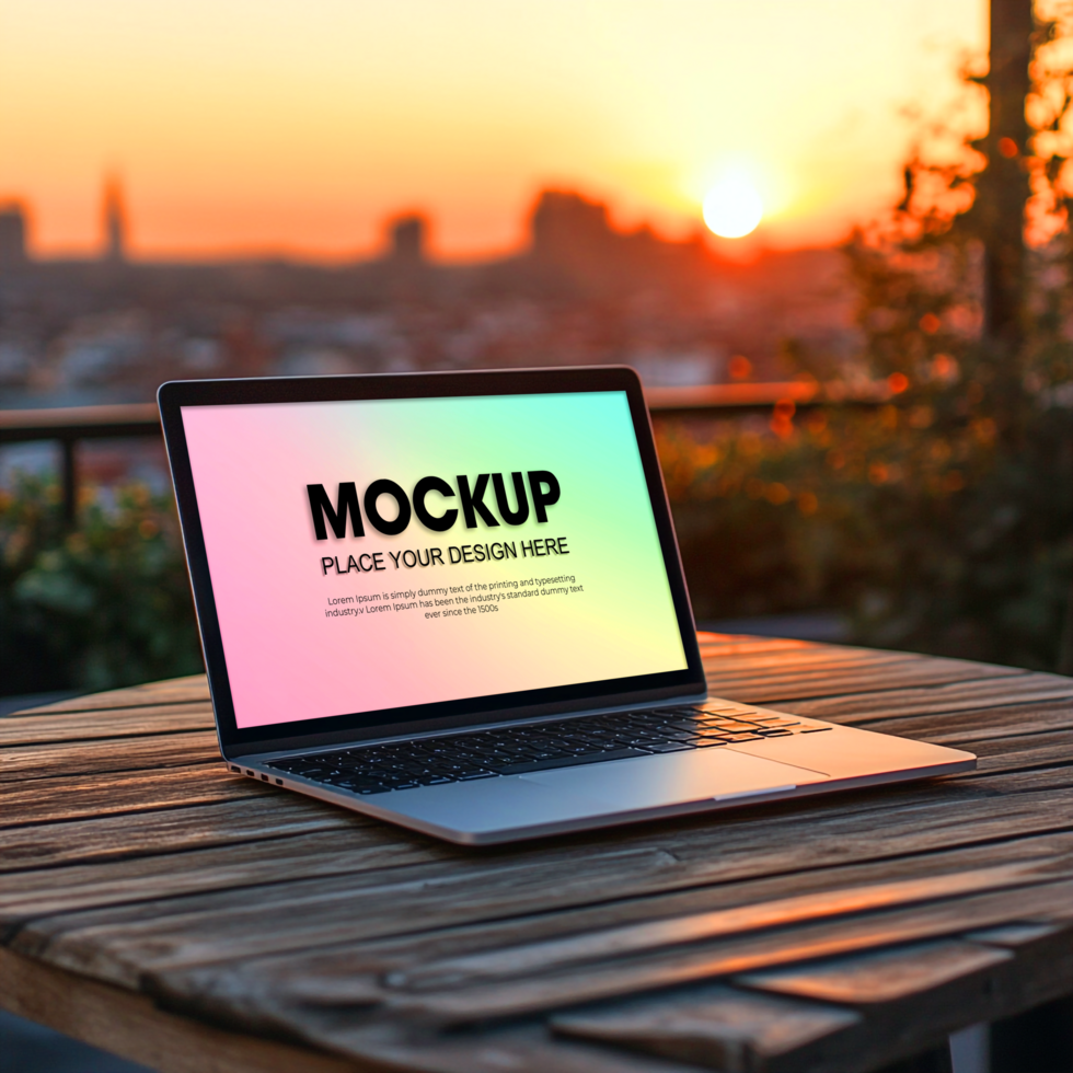 Laptop Mockup Sunset Rooftop View Technology Presentation psd