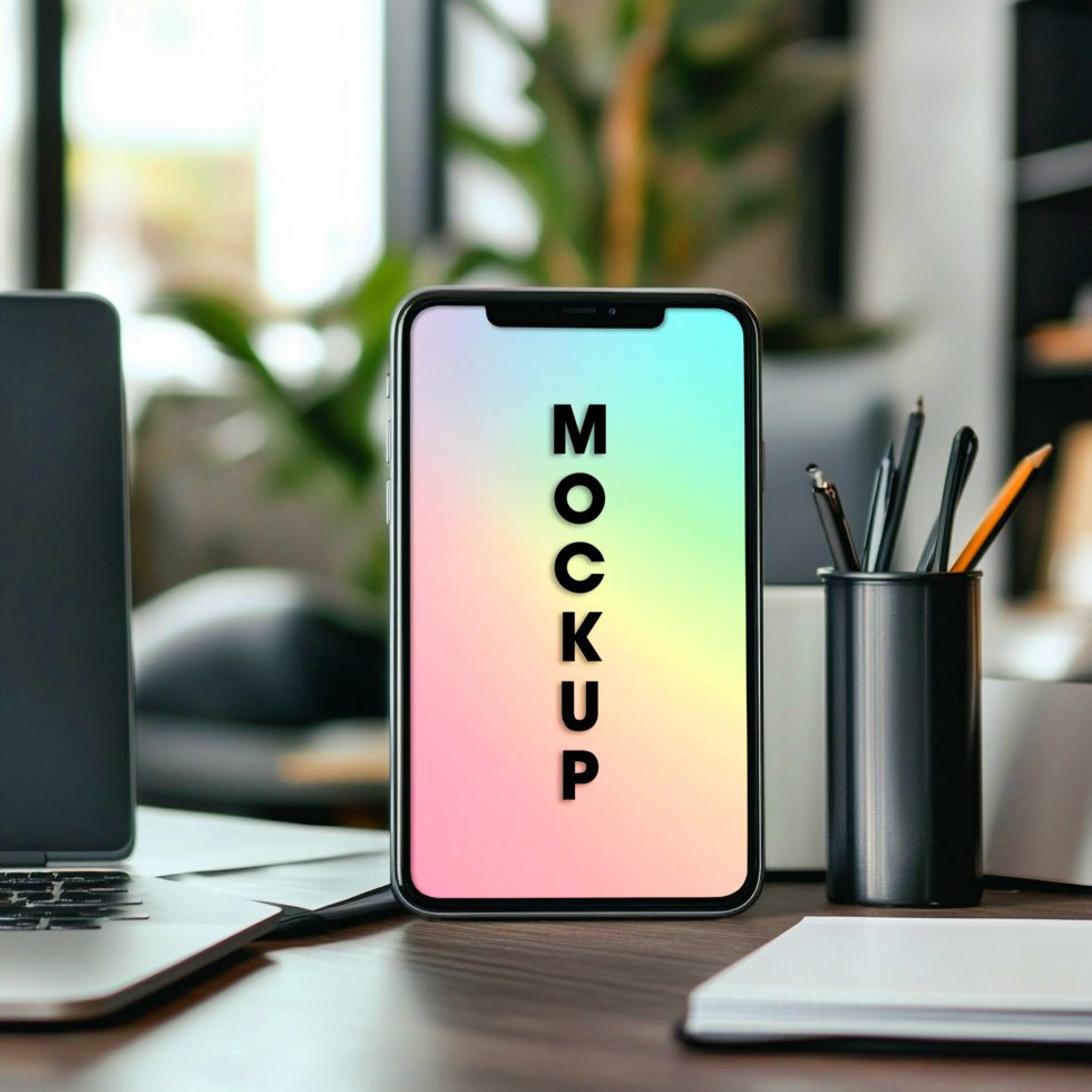 Phone Mockup Modern Smartphone Display on Desk Workspace psd