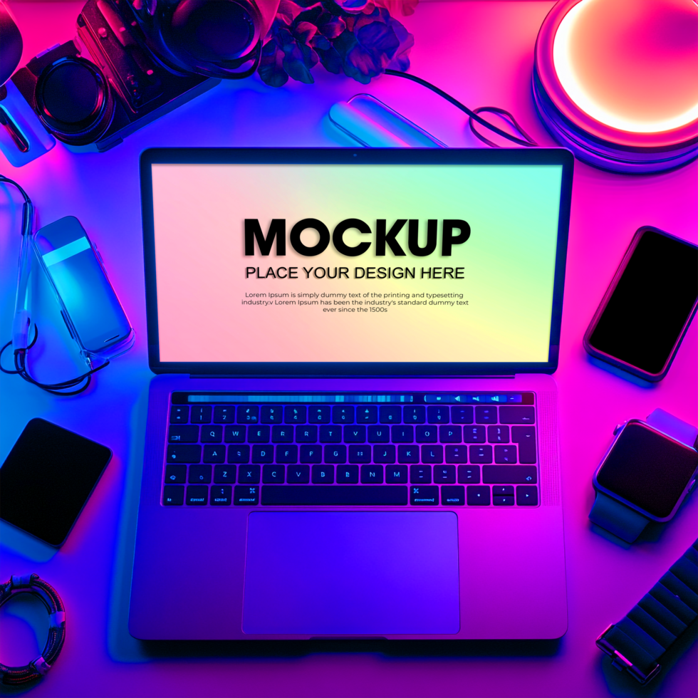 Laptop Mockup Vibrant Neon Desk Setup for Tech Gaming psd