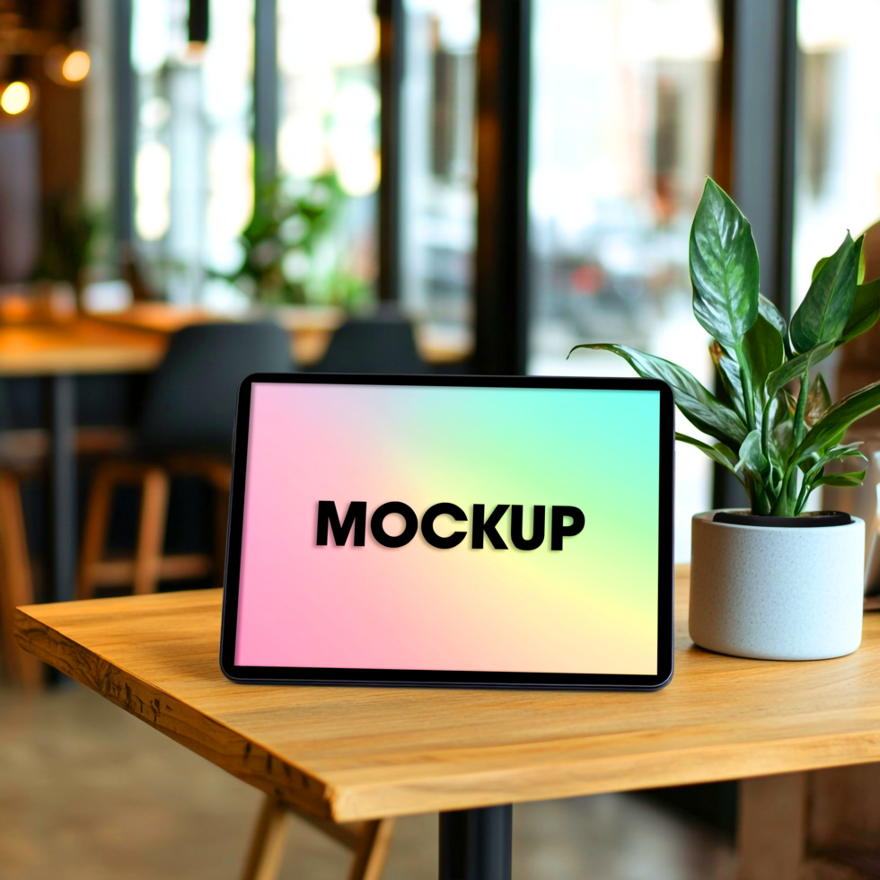 Tablet Mockup in Modern Cafe Setting psd