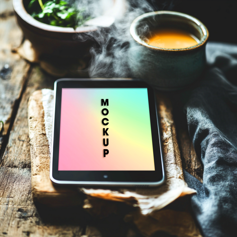 Tablet Mockup Rustic Wooden Table Food Styling Gradient Screen Cozy Atmosphere psd