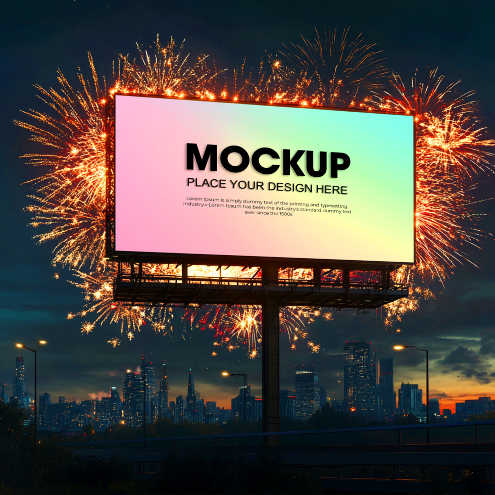 Billboard Mockup with Fireworks and Night Cityscape Background psd