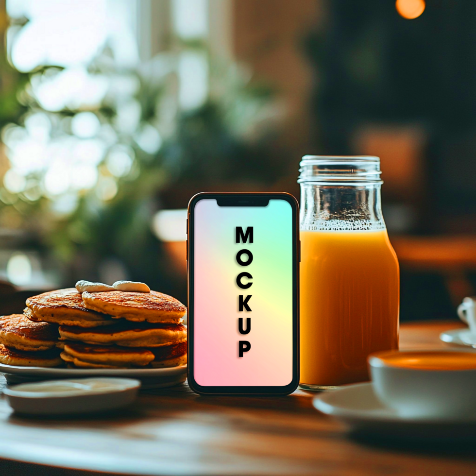 Phone Mockup Delicious Breakfast at a Cozy Cafe psd