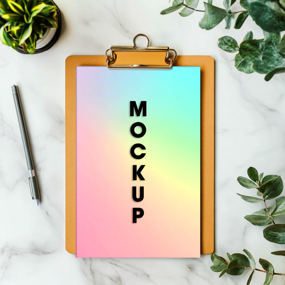 Pastel Rainbow Mockup on Clipboard with Greenery psd