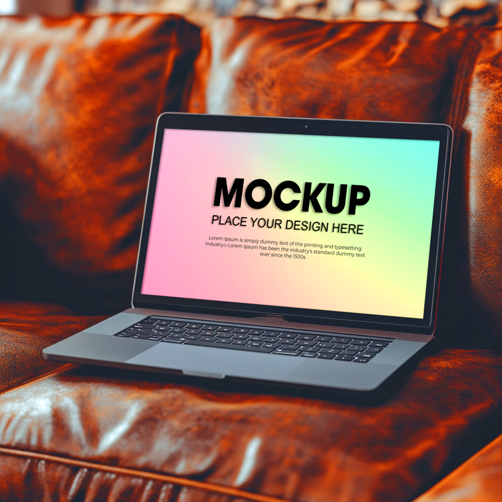 Laptop Mockup on a Leather Sofa Modern Design Presentation psd