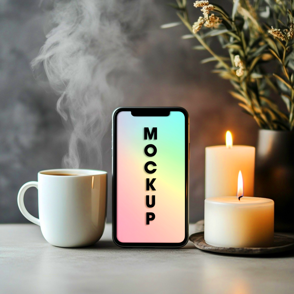 Phone Mockup Cozy Coffee and Candles Scene psd