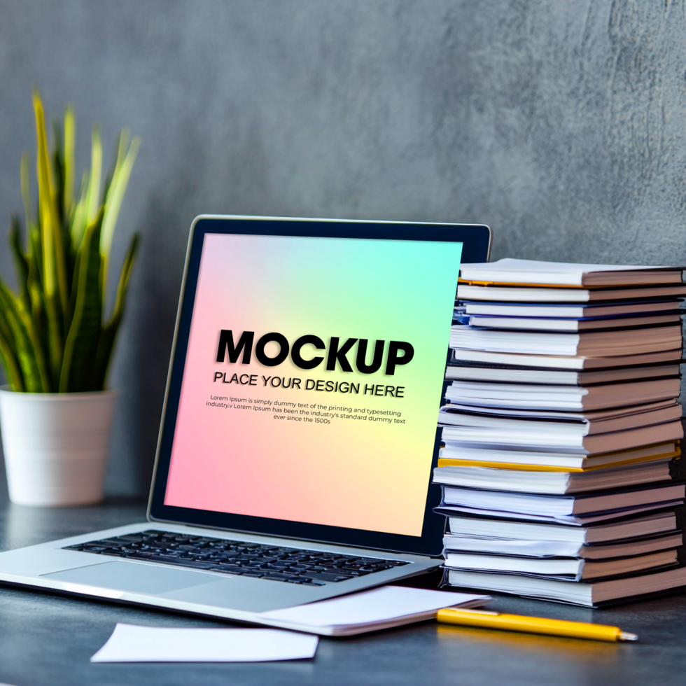 Laptop Mockup Modern Workspace with Books Plant psd