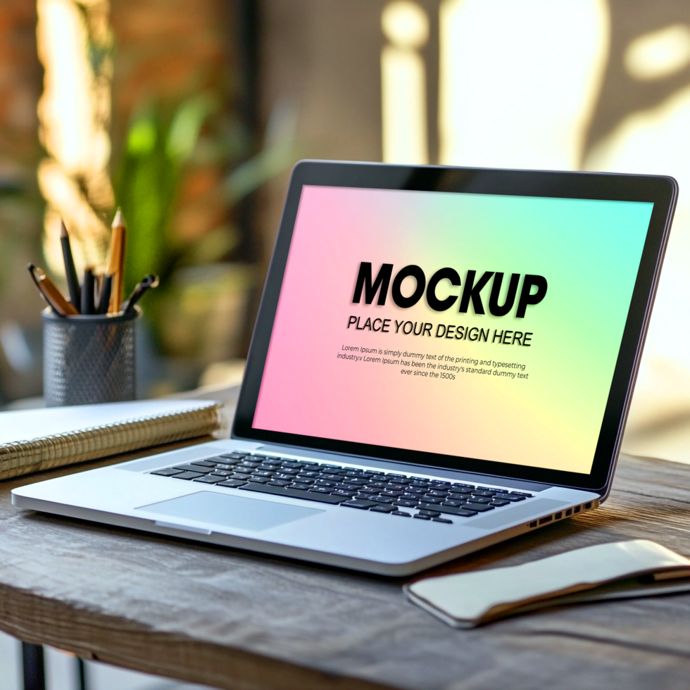 Laptop Mockup Modern Workspace on Rustic Wooden Desk psd