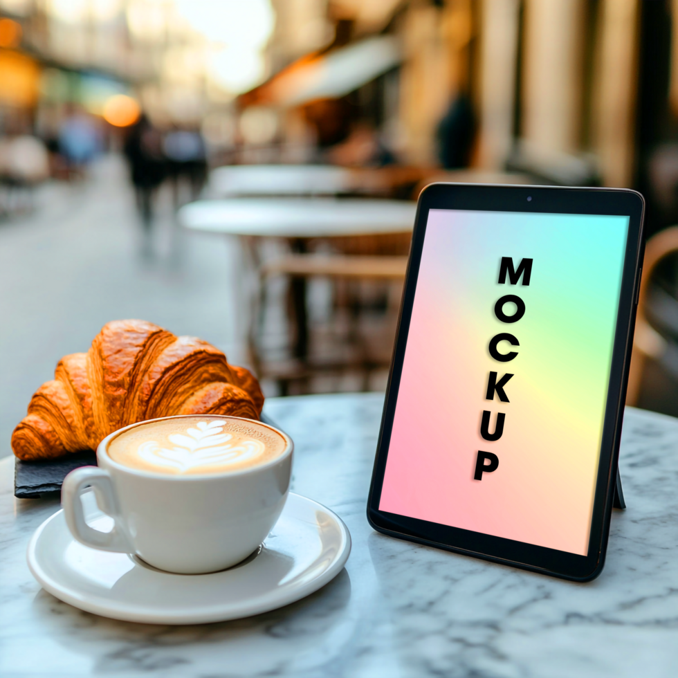 Tablet Mockup Cappuccino and Croissant in Parisian Cafe psd