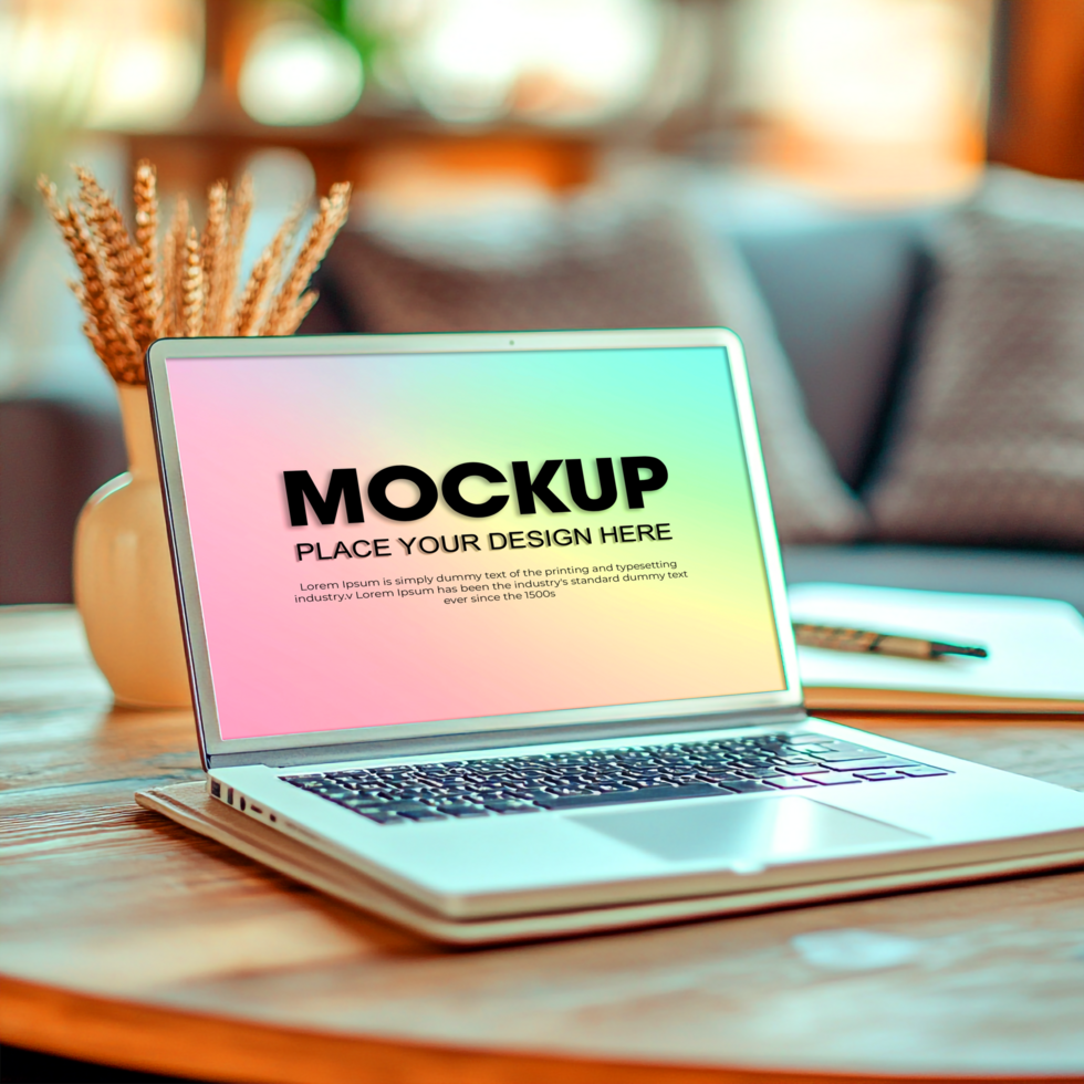 Laptop Mockup Colorful Gradient Screen on Wooden Table psd