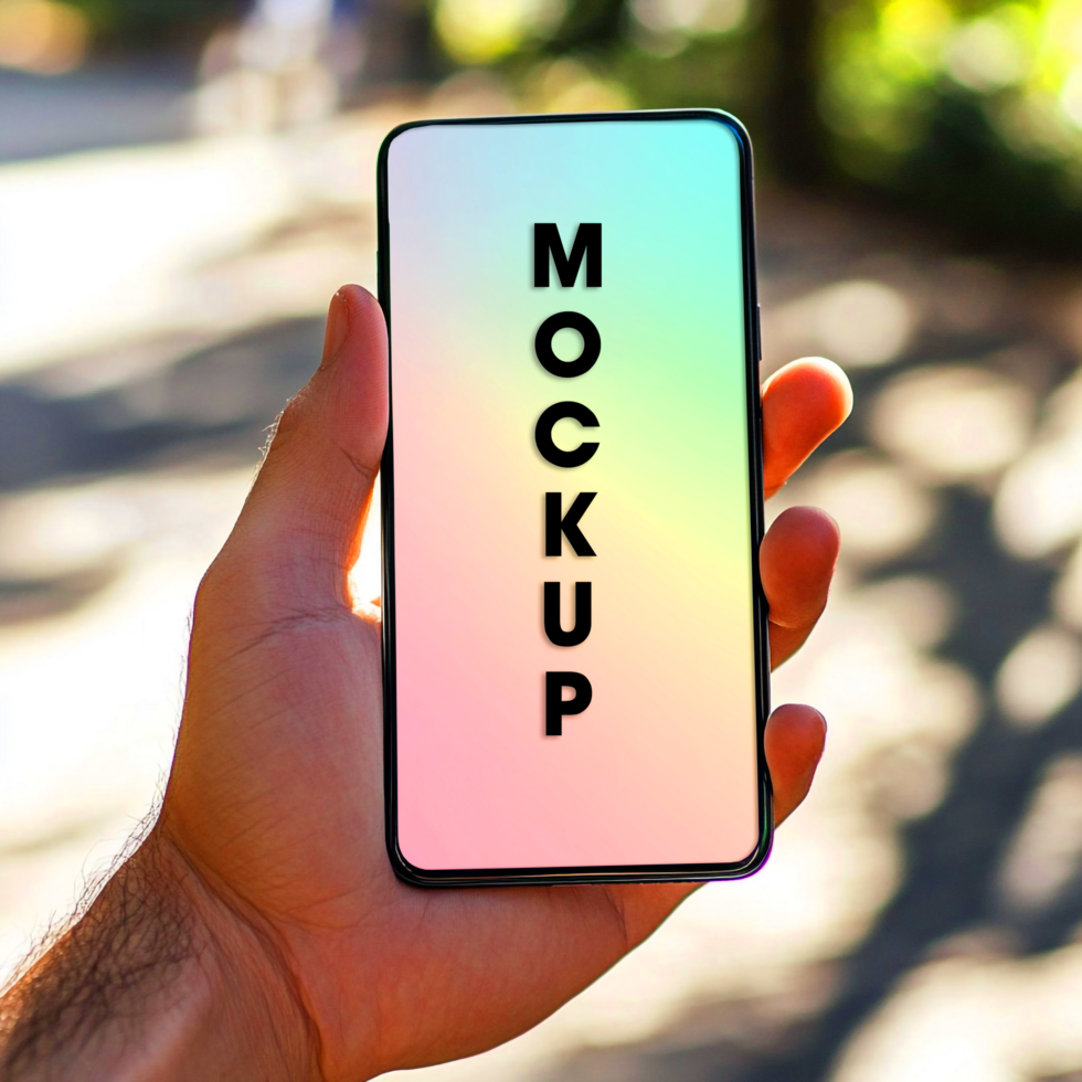 Phone Mockup Hand Holding Smartphone with Colorful Gradient Screen psd