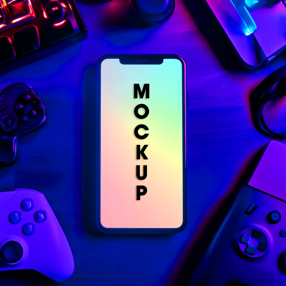 Mobile Gaming Mockup Smartphone with Controllers and Accessories psd