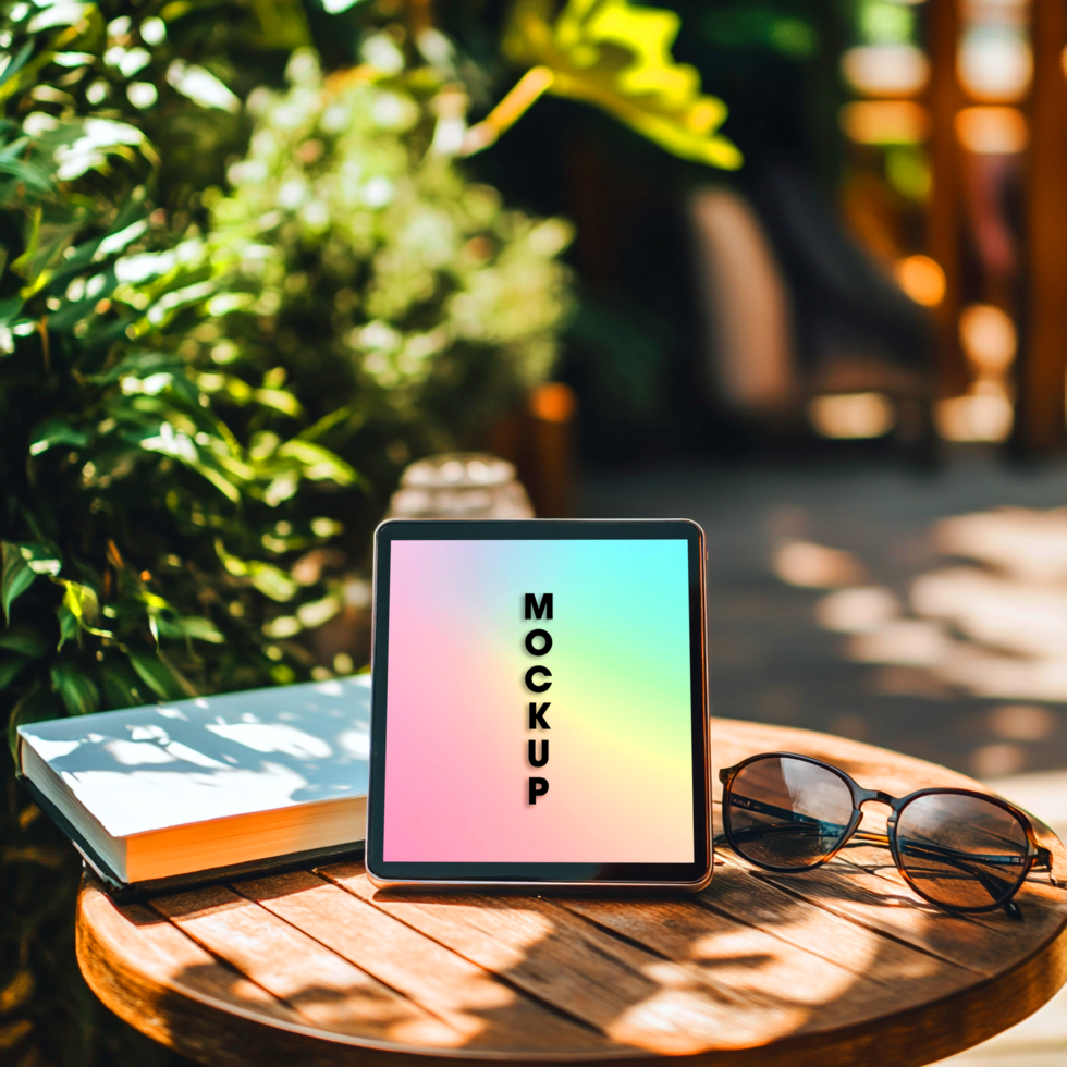 Relaxing Summer Vibes Tablet on Outdoor Table with Book and Sunglasses psd