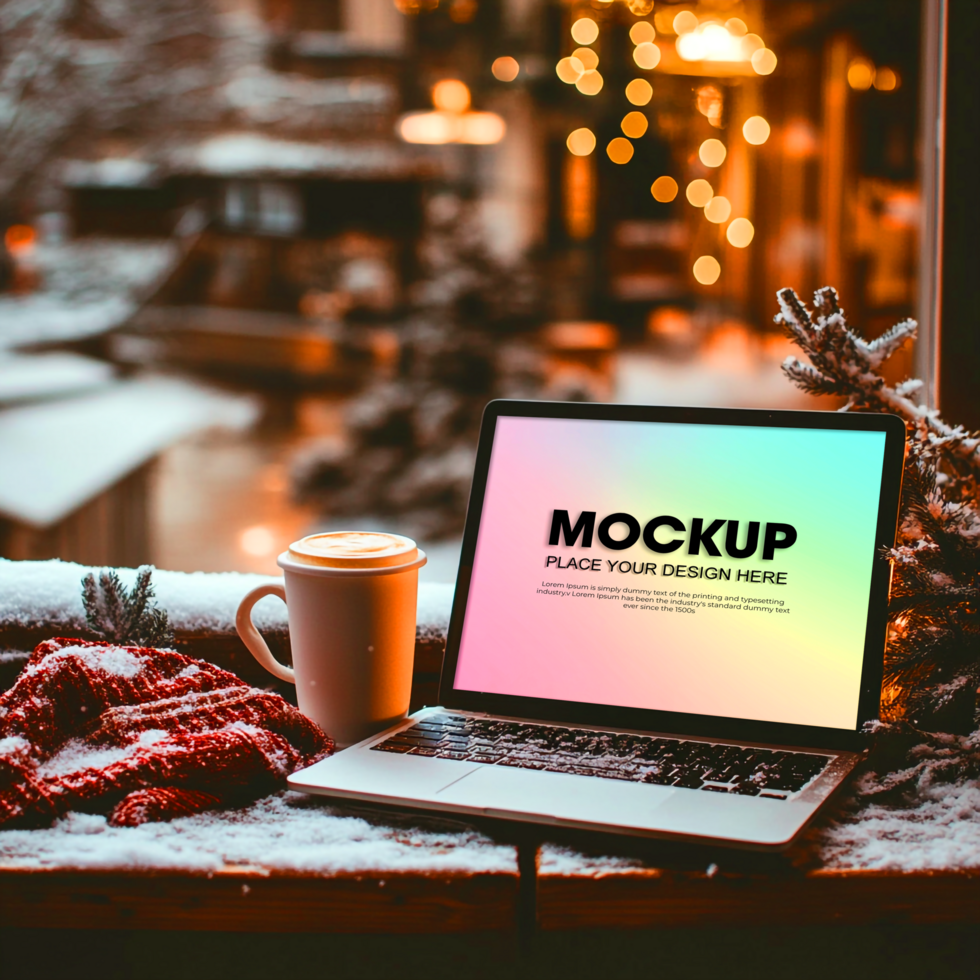 Cozy Winter Laptop Mockup Festive Holiday Design Template psd