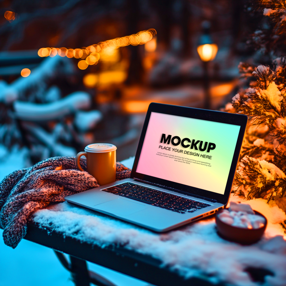 Winter Laptop Mockup Cozy Snow Scene psd