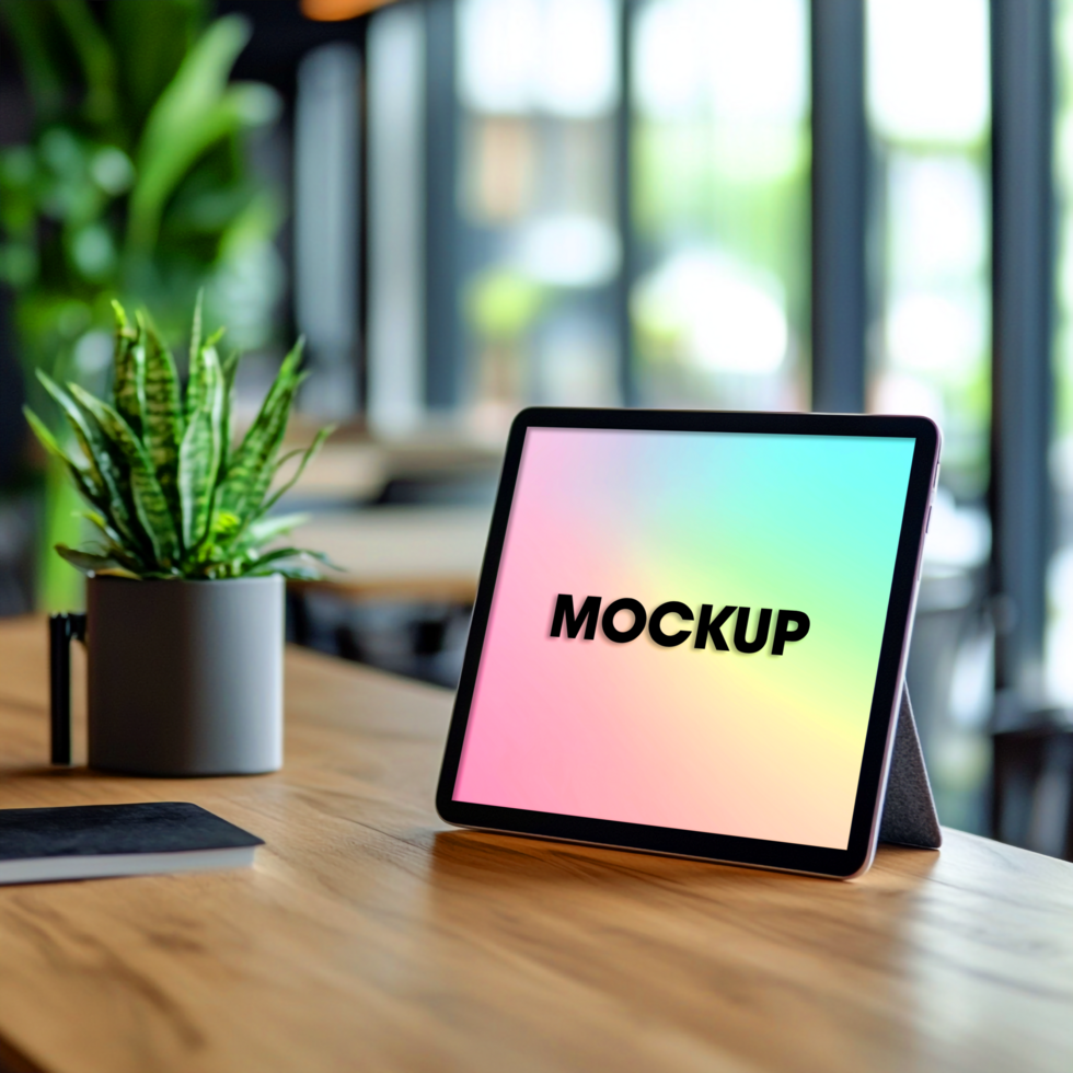 Tablet Mockup Modern Device on Wooden Table in Cafe Setting psd