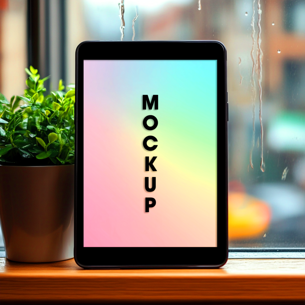Tablet Mockup Rainbow Gradient Screen on Rainy Day Windowsill psd