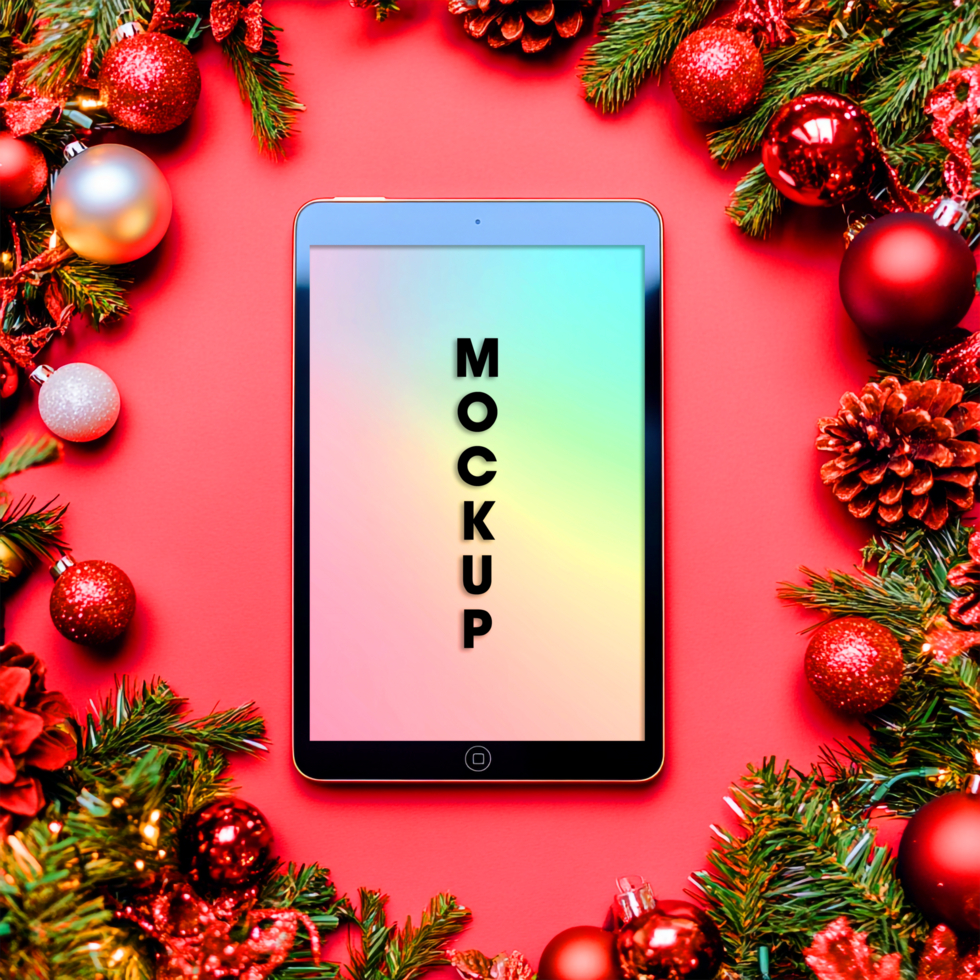Christmas Tablet Mockup Red Background Festive Decorations Holiday Tech Template psd