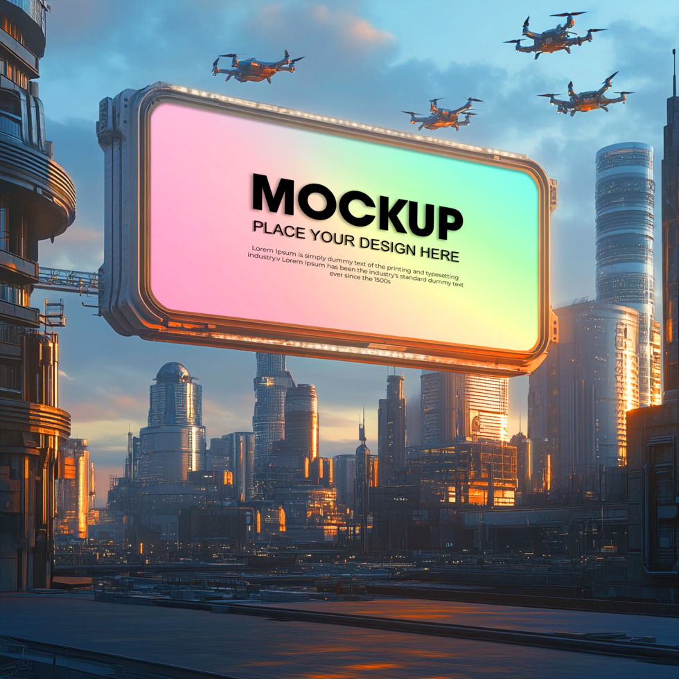 Futuristic Cityscape Mockup Giant Holographic Billboard psd