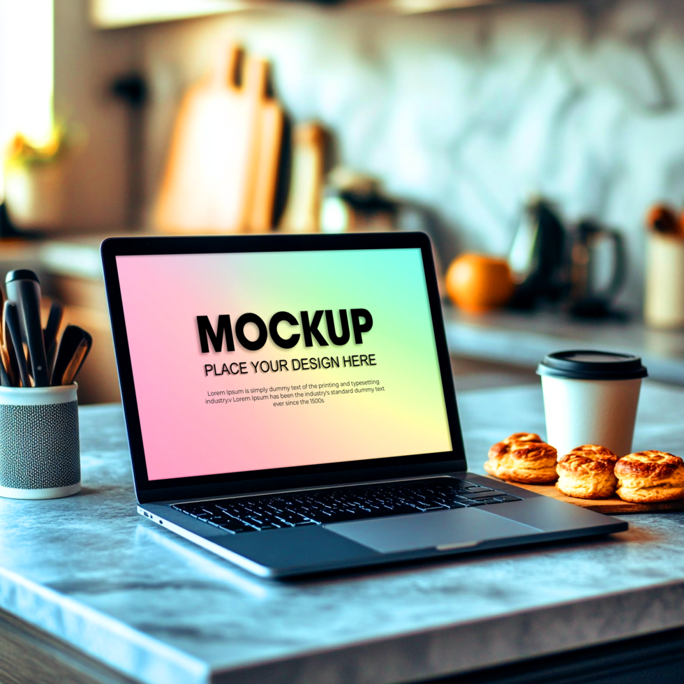 Laptop Mockup Modern Kitchen Workspace psd