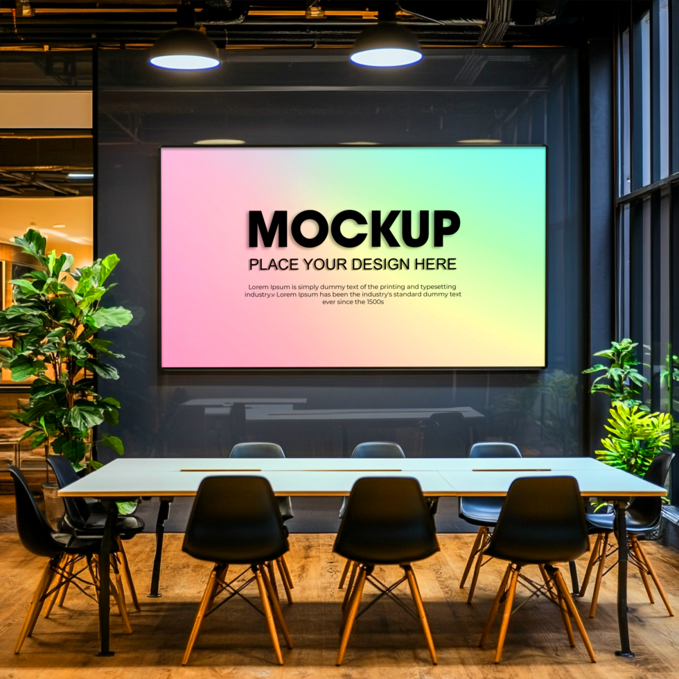 Modern Office Conference Room with Large Digital Signage Mockup psd