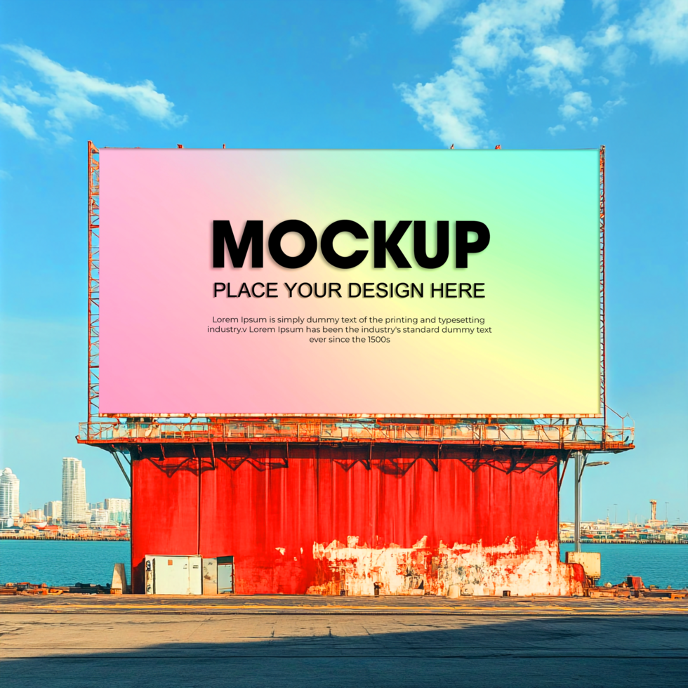 Billboard Mockup Colorful Gradient on Urban Seascape Background psd