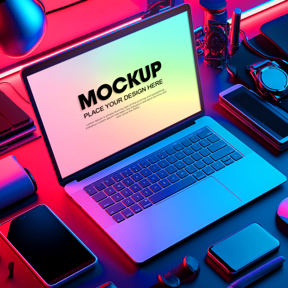 Laptop Mockup Tech Gadgets Devices on Vibrant Background psd