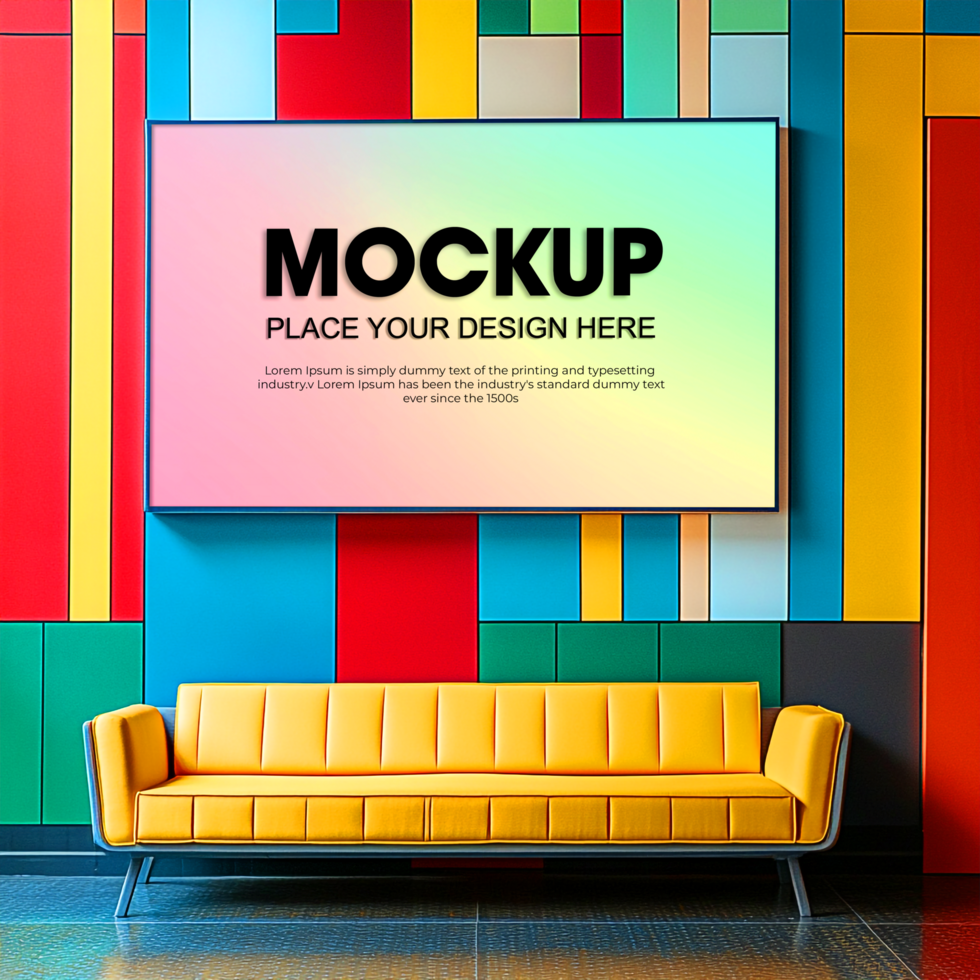 Colorful Interior Mockup Modern Sofa and Digital Screen psd