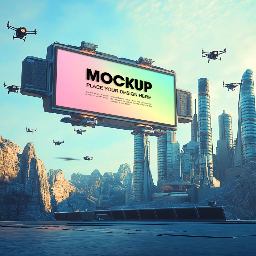 Futuristic City Billboard Mockup Digital Advertising Tech SciFi Background psd