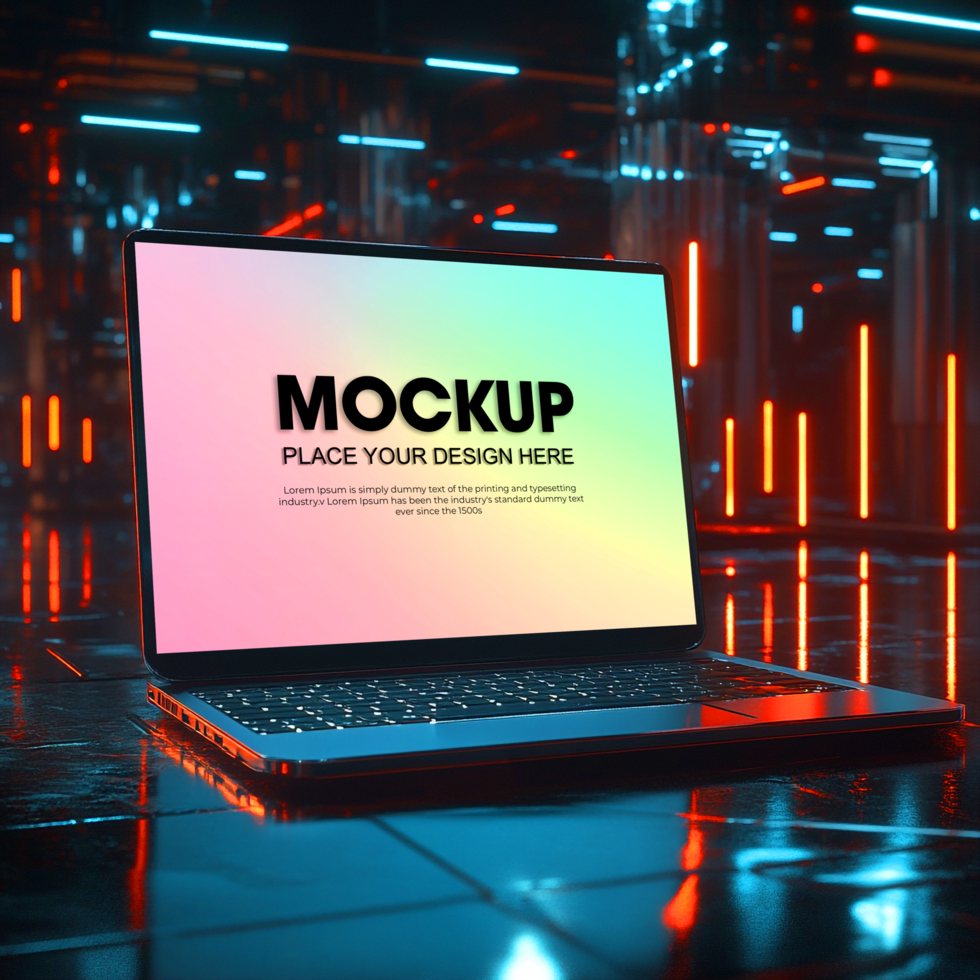 Laptop Mockup Neon Lights Tech Background Digital Design Template psd