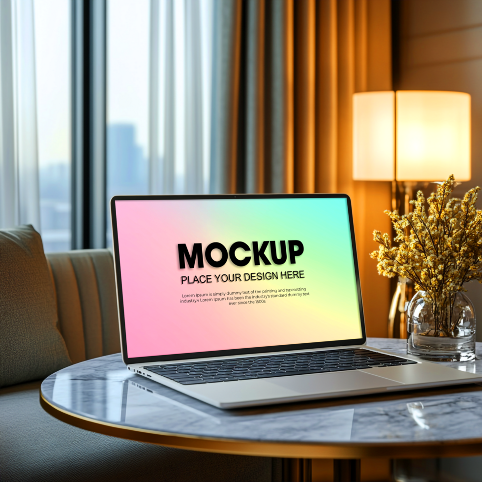 Laptop Mockup Modern Workspace with City View psd