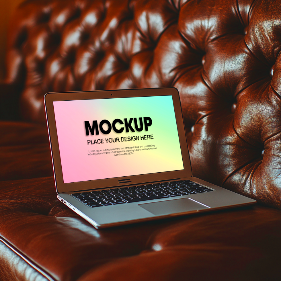 Laptop Mockup Modern Device on Leather Sofa psd