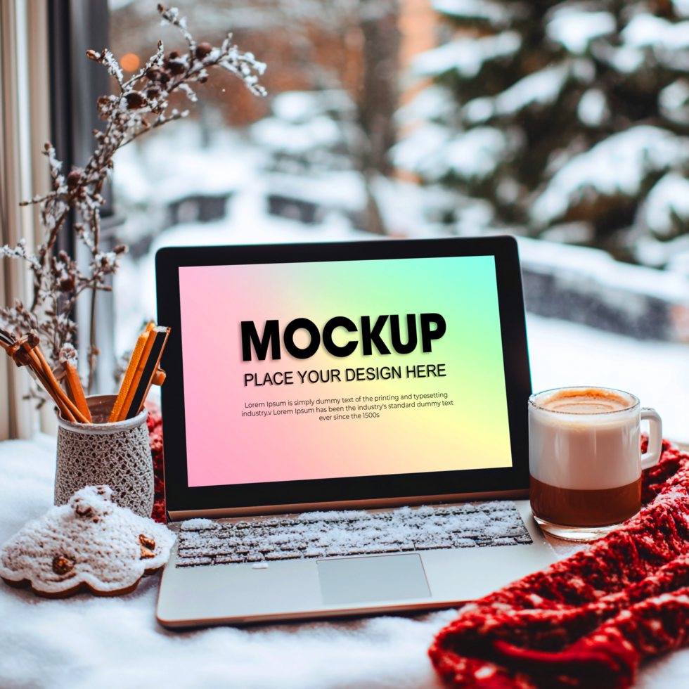 Cozy Winter Laptop Mockup Snow Scene with Hot Drink psd