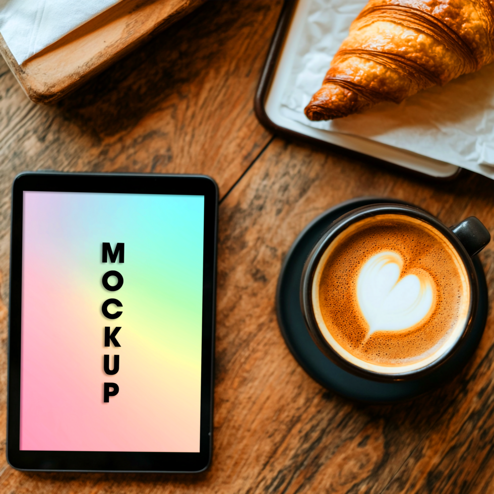 Tablet Mockup Coffee Shop Scene with Croissant and Latte Art psd