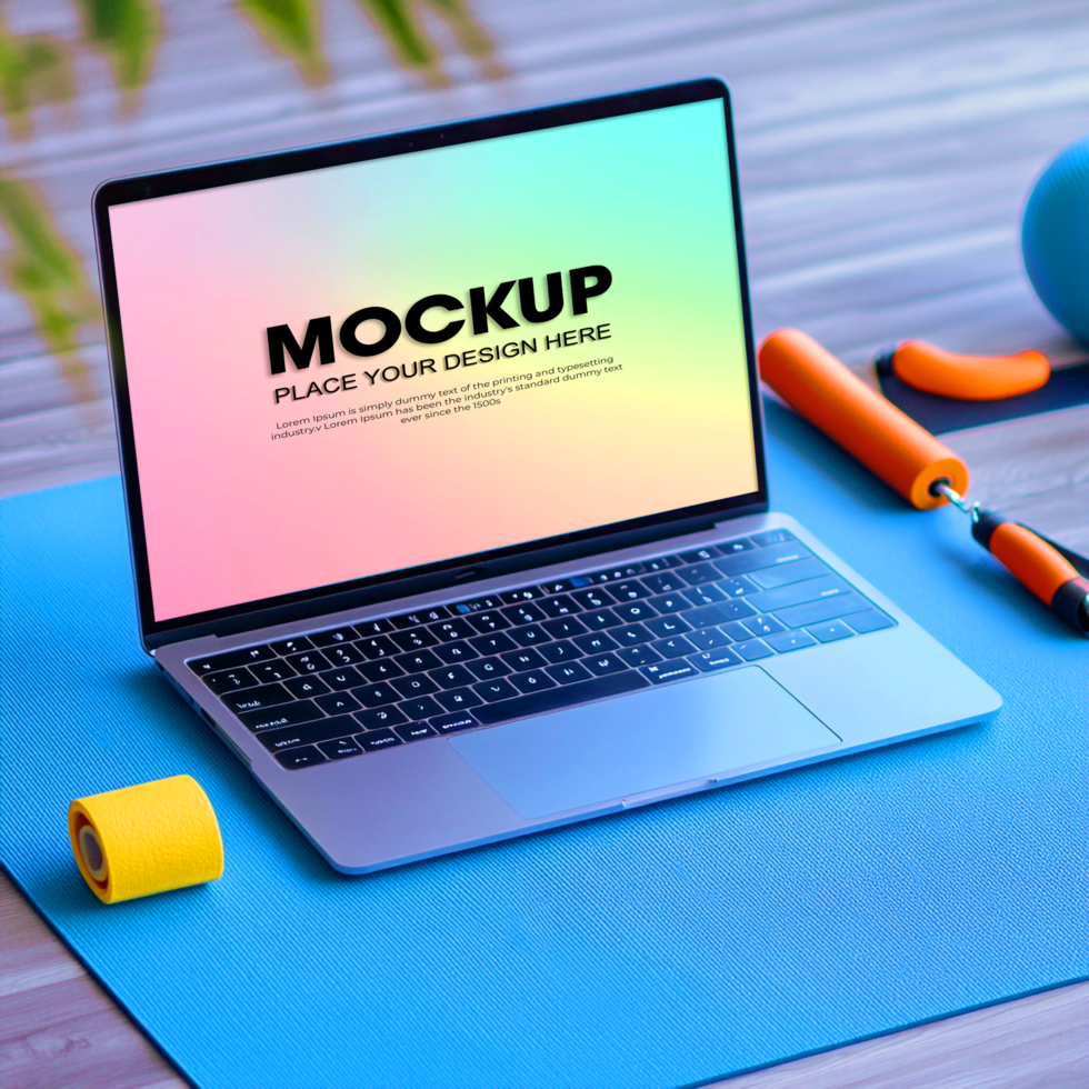Laptop Mockup Fitness App Design Online Workout Template psd