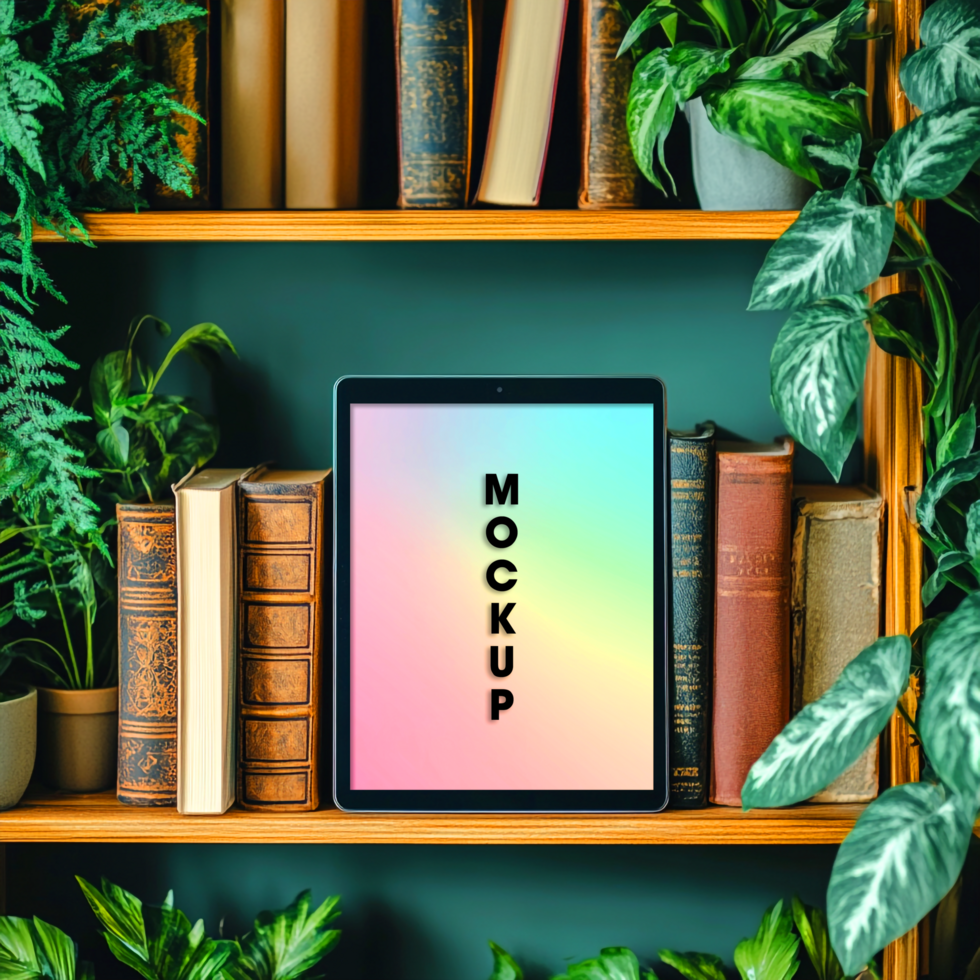 Tablet Mockup Books Plants Cozy Reading Nook psd