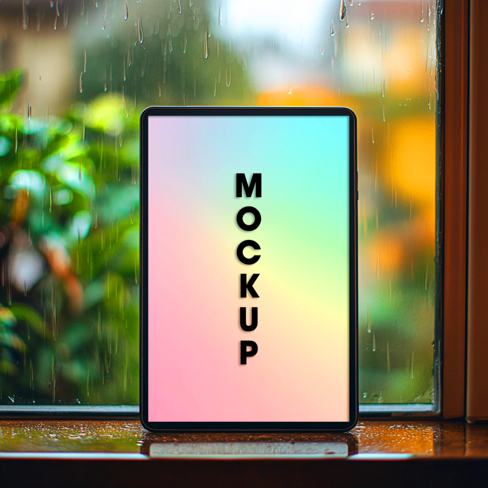 Tablet Mockup Rainy Day Window Background psd