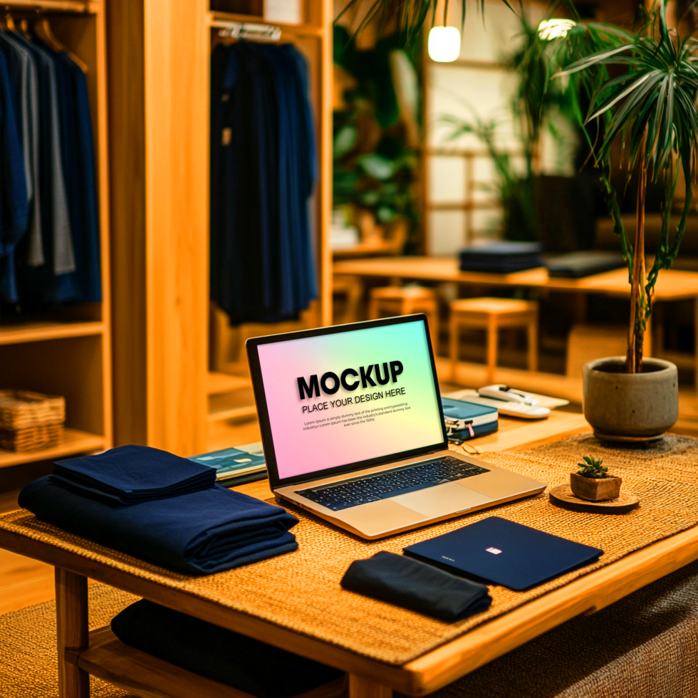Laptop Mockup Clothing Store Retail Display psd