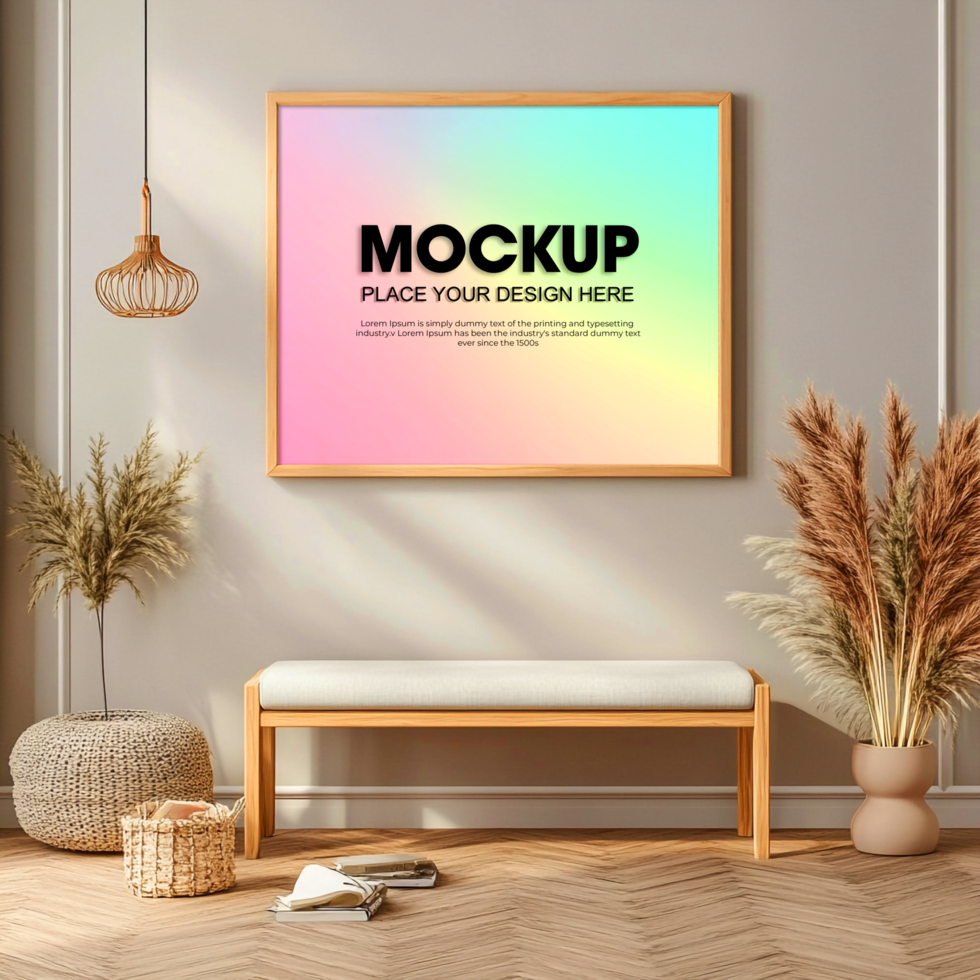 Modern Home Decor Mockup Light Neutral Aesthetic with Wooden Bench psd
